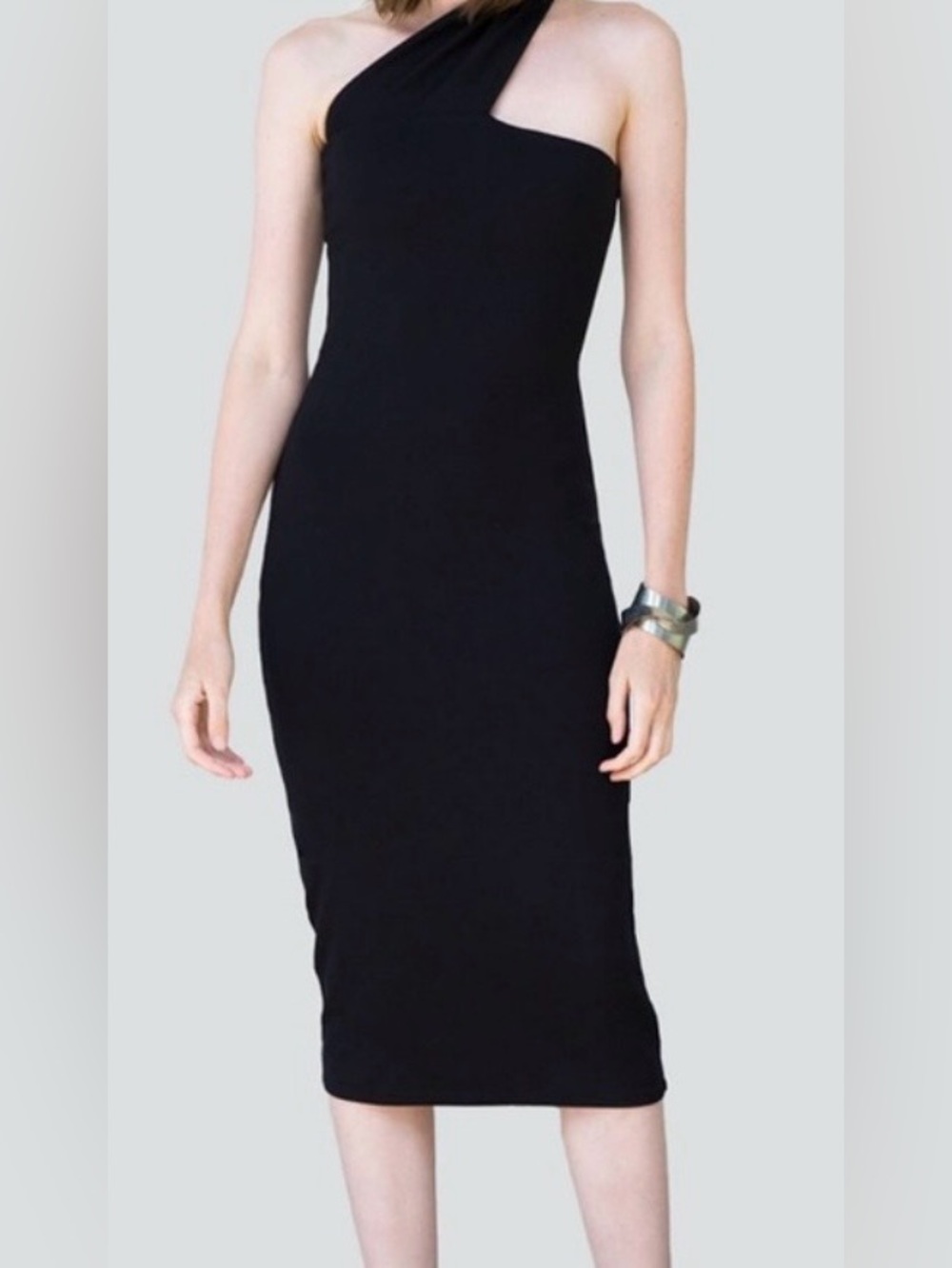 Slim Fit One-Shoulder Black Midi Dress